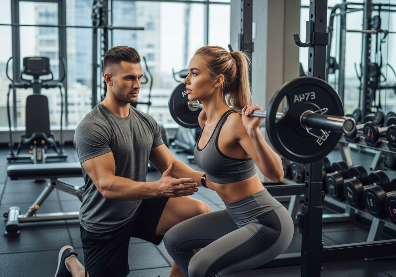 Personal trainer coaching client