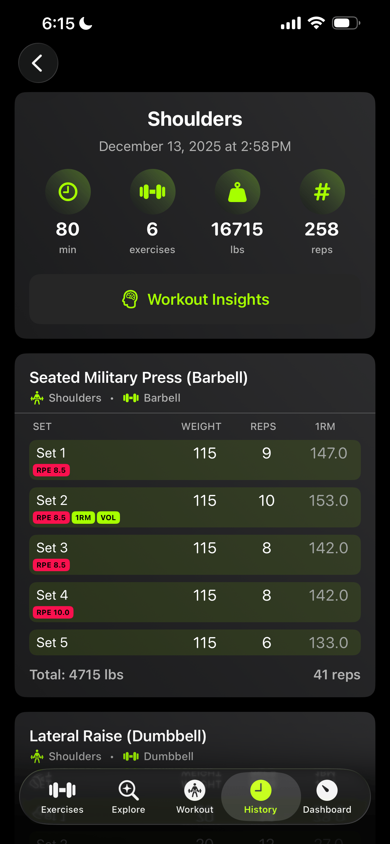 Session Debrief screen showing workout analysis